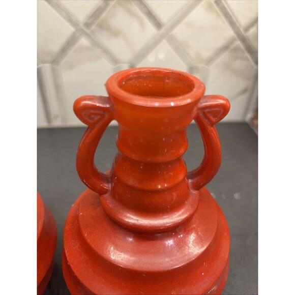 Pair Of Vintage Glass Jugs Urn Style Ribbed Globular Vases  Red 6” Tall - Picture 8 of 13